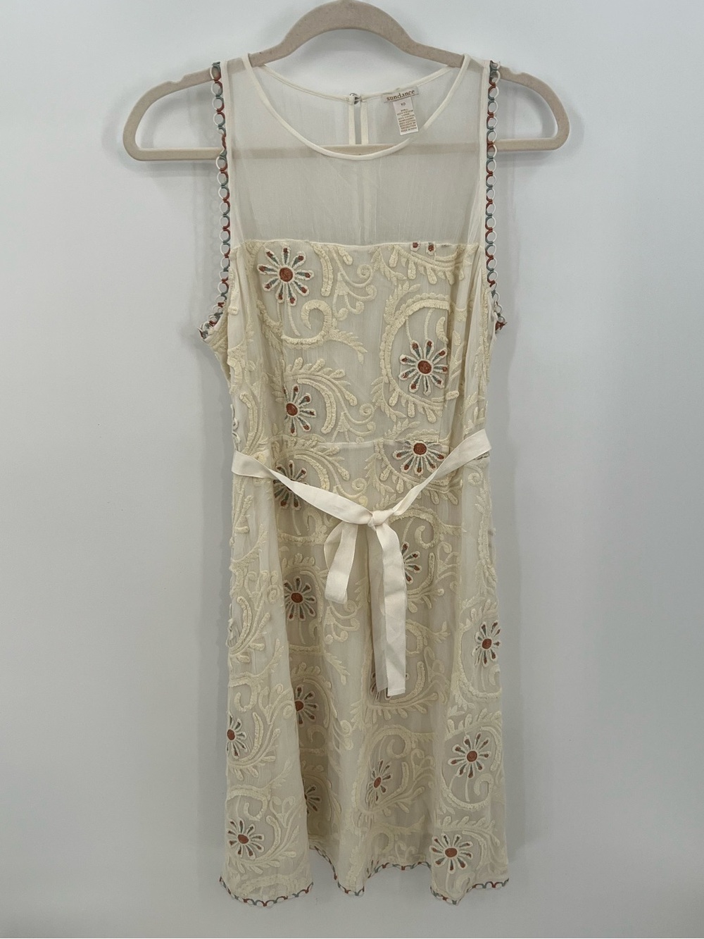 Sundance Cream Embroidered Midi Dress with Ribbon Tie - Picture 3 of 16